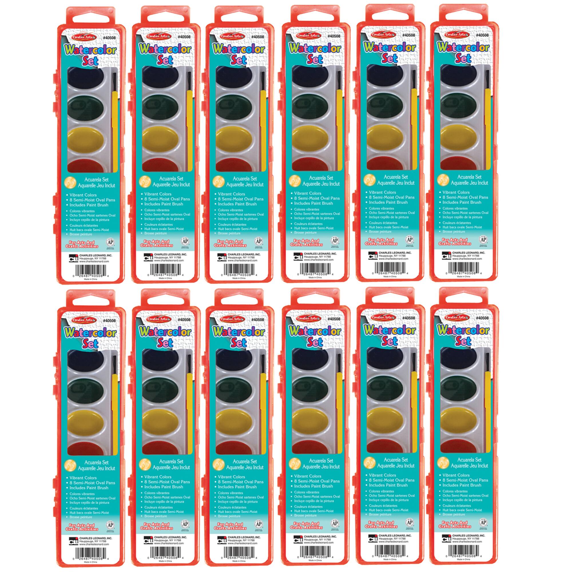 Charles Leonard Semi-Moist Watercolor Paint Set, 12 Pack of 8